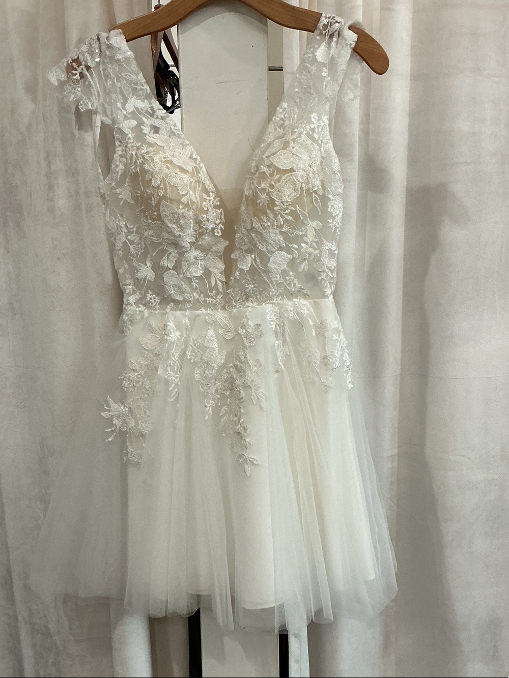 Ivory Lace A-Line Tulle Mini Dress with Plunging V-Neck